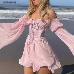 Urban Sexy Dresses Women Chiffon Mini Dress Chic Bandage Corset Belt Fairy Vintage Long Puff Sleeve Sundress Slash Neck Bridesmaid Bodycon Beach 240229