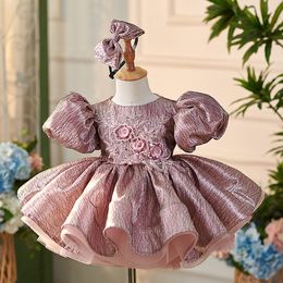 2024 Cute Pink Flower Girl Dresses 3D Floral Appliqued Cap Sleeve Little Kids Wedding Beautiful Girls Pageant Party Gowns Rhinestone Party Tulle Princess Girl Dress