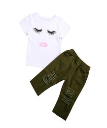 Kid Little Baby Girls Eyelash Tshirt TopsRipped Jeans Pants Clothing Set Babies Girl Super Cute Outfits Set Summer Clothes2583262