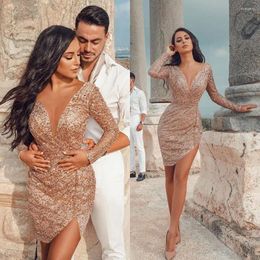 Party Dresses Arabic Deep V Neck Cocktail Long Sleeves Sequined Mini Prom Dress Celebrity Evening Gowns Club Wear