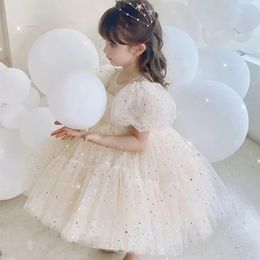 Baby Champagne Baptism Dress Cute Girl Sequin Puff Sleeve Fairy Ball Gown born 1 Year Birthday Outfit Kids Formal Party 240220