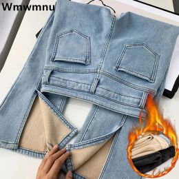 Jeans Winter thicken 101103cm long skinny jeans women high waist plus velvet slim split flare denim pants korean Stretch Vaqueros