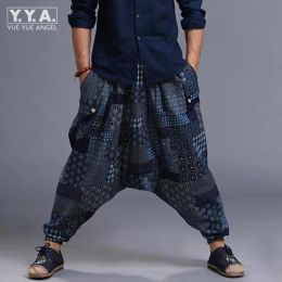 Pants Hot Sale Mens Samurai Boho Casual Loose Harem Baggy Hakama Linen Japanese Pants Floral Printed Elastic Waist Crosspants For Men