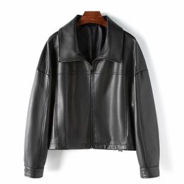 Oversized Leather Jacket Women Lambskin Leather Black Coats Outerwear Overcoat Casual Tops Plus Size