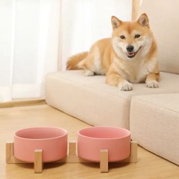 Feeding Pet Supplies Bowl Ceramics Double Food Water Bowls with Wood Stand No Spill Large Feeder Dish for Dogs Cats Feeding Puppy