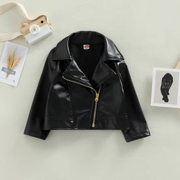 Kids Girls Solid Colour PU Leather Jacket Long Sleeve Turn-down Collar Zipper Closure Casual Outwear for 1 Years to 5 Years 240222