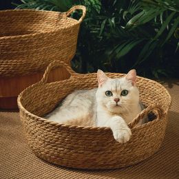 Houses OUZEY Rattan Weaving Basket For Cat Comfortable Sleeping Pet Dog Bed Summer Cool Weave Cat House Donut Round Kitten Puppy Bed