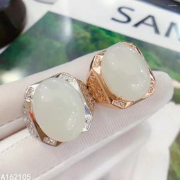 Cluster Rings 925 Pure Silver Chinese Style Natural White Jade Men Noble Luxury Oval Adjustable Large Gem Ring Fine Jewelry Support