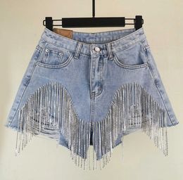 Women Denim Shorts with Rhinestone Tassels and Holes High Waisted Summer Fashionable Wide Leg Jeans