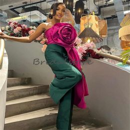 Elegant Jumpsuit Prom Dress For Black Girls Holiday African Evening Dresses With Handmade Florals Chic Pantsuit Formal Birthday Party Wear Robes De soiree 2024 Chic