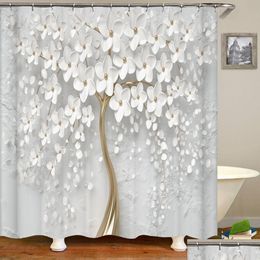 Tende da doccia 3D Beautif Flower Tree Stampa Tenda da bagno Poliestere Impermeabile Gancio per cintura Decorazione domestica Consegna a goccia Giardino Dhyka