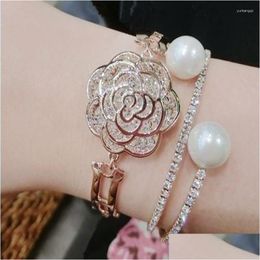 Charm Bracelets Luxury Bling Crystal Camellia Buckle Bracelet For Women Romantic Rose Gold Color Bangles Vacation Jewelry Gift Drop D Dhc3J