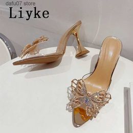 Slippers Liyke PVC Transparent For Women Fashion Rhinestone Bowknot Summer Sandals Pointed Toe Clear High Heels Party Prom ShoesH24229