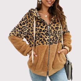 Jackets Women Autumn Winter Jackets Leopard Print Colour Block Female Jacket Plush Hoodies Sweatshirts Hooded Outwear veste femme manteau