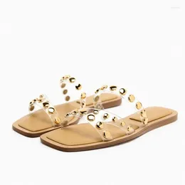 Slippers Brand Design Summer Shoes For Women Rivet Flat Sandals Transparent PVC Zapatos Metal Decoration Sandalias Square Head