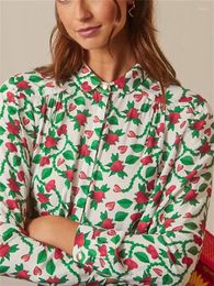 Women's Blouses Green Vine Strawberry Print Shirt 2024 Autumn Long Sleeve Blouse Ladies Single Breasted Fashion Top