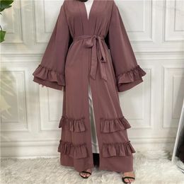 Ethnic Clothing Fashion Open Abaya For Women Muslim Kimono Long Dress Ruffles Dubai Turkey Arab Islam Kaftan Robe Belted Femme Jalabiya