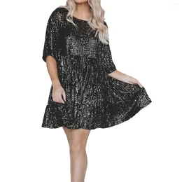 Casual Dresses Ladies Tunic Dress Sexy Sequin Round Neck Short Sleeves Big Swing Cute Plus Loose Wear For Daily