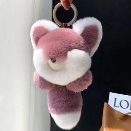 Luxury Real Rex Rabbit fur Fox Pendant keychain Women Fluffy Toys Bag Car Keyring Charm Accessories Girlfriend Trinket Gift 240223