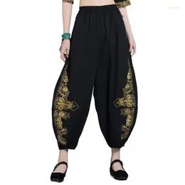 Women's Pants Women Vintage Embroidery Elastic Waist Black Wide Leg High Street Fashion Harem Spring Cotton Linen Trousers