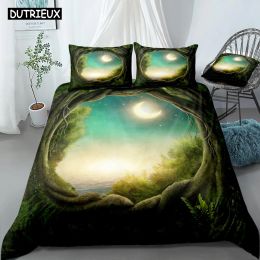 Set Dragonfly Duvet Cover Set Forest Bedding Set Green Bed Linen Girls Boys Home Textile Moon NightBed Set Soft MicrofiberBedclothes Sheer Curtains