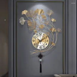 Wall Clocks Chinese Wrought Iron Gold Gnkgo Leaf Mural Home Livingroom Hanging Ornament Crafts Sticker Decoration