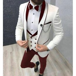 Suits Slim Fit Casual Men Suits 3 Piece Groom Tuxedo for Wedding Prom Burgundy and White Male Fashion Costume Jacket Waistcoat Pants