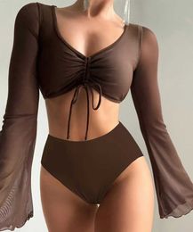 Swim wear Drawstring Front Tops Bikinis 2023 Women High Waist Swimsuit Summer Long Sleeved Swimwear Female Bathers Swimming Suit Beachwear 240229