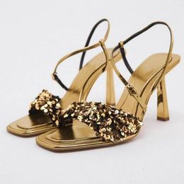 Gold Sequin High Heels Women Pumps Wedding Bride Dance Shoes Fashion Heeled Sandals Summer Elegant Slingbacks Open Toe 240227