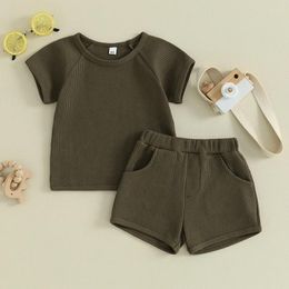 Clothing Sets Toddler Boys Waffle Knit Shorts Set Short Sleeve T-shirt Top Elastic Waist Pockets Suit 2Pcs Summer Outfits