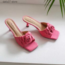 Dress Shoes Women Summer 5.5cm Med Heel Flowers Sandals Elegant Party Soft Sheepskin Slippers Sexy Wedding Shoe Square ToeH24229