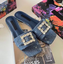 Italy Brand Women Patchwork Denim Sandals Shoes Lady Slides With Rhinestone Buckle Beach Slippers Slip On Comfort Daily Footwear EU35-42 With Box