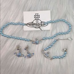 Designer Neckalce Viviennr Westwoods High Version Silver Grey Blue Pearl Saturn Full Diamond Necklace Bracelet Set Planet Blue Diamond Light Luxury Collar Chain