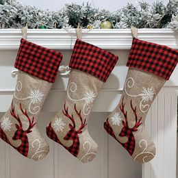 Christmas Decorations 10pcs/lot Embroidery Plaid Elk Snowflake Blank Cuff Monigram Linen Stocking For Decoration Boho