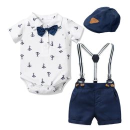 Hats Newborn Boy Clothing Outfits Anchor Print Suit Baby Party Short Bow Hat Suit Birthday Dress Infant Boy Kid 3 6 9 12 18 24 Months