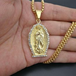 Pendant Necklaces Stainless Steel Virgin Mary Necklace For Men Hip Hop Rapper Jewellery With 60cm Gold Colour Link Chain215M