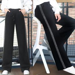 Women's Pants Women High Waist Striped Trousers Fashion Lady Wide Leg Casual Drawstring Long Black Sweatpants Y2k Streetwear 2024