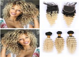 613 Blonde Ombre Brazilian Deep Wave Hair Bundles with Closure Two Tone 1B613 Dark Roots Blonde Ombre Deep Curly Human Hair Deals7462176