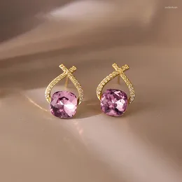 Stud Earrings Korean Fashion Simple Classic Copper Alloy Cross Purple Zircon Women's Gift Banquet Jewelry 2024