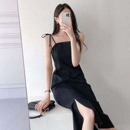 Square Summer French Korean Chic Neckline Exposed Collarbone Waist Closed Slimming and Slit Design Camisole Dress for WomenISEA