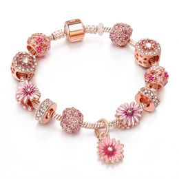 New Wholesale Small Daisy Flower Bracelets Style Large Hole Bead Rose Gold Diy Beaded Bracelet Brand Designer Womens Jewellery