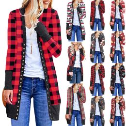 Cardigans Women Christmas Santa Claus Reindeer Snowflake Plaid Printed Cardigans Lady Fall Winter Long Sleeve Coat Outwear Festival Outfit