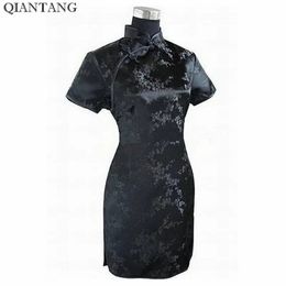 Black Traditional Chinese Dress Mujer Vestido Womens Satin Qipao Mini Cheongsam Flower Size S M L XL XXL XXXL 4XL 5XL 6XL J4039 240226