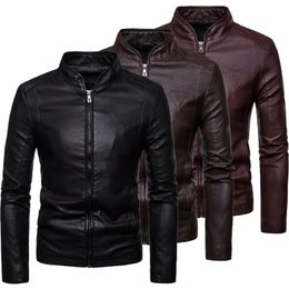 Mens Autumn Slim Pu Leather Jacket Motorcycle Winproof Cool Solid Colours Classic Biker Leather Jacket Motor Spring Coat 240228