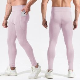 Pants Compression Leggings Sports Tights Pocket High Waist Fitness Pants Men's Pink Breathable Elastic Nude Feeling Seamless Pants