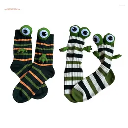 Women Socks Fashion Harajuku Y2K Colorblock Striped Cotton For Novelty Funny 3D Animal Eyes Ribbed Knit Middle Tube