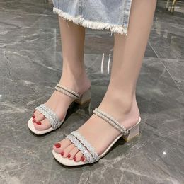Sandals Square Head Sexy Fashion Female Summer Fairy Feng Shui Diamond Thick Heels One Shoe Two High 2024
