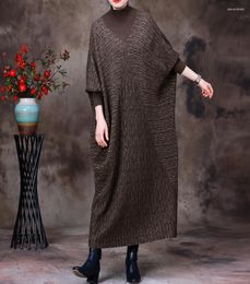 Casual Dresses Turtleneck Patchwork Bat Sleeves Long Cashmere Dress 2024 Autumn Fashion Knitting Rich Lady Loose Ankle-length