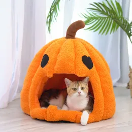 Mats Halloween Pumpkin House for Cats and Dogs, Warm Pet Nest with Cushion, Kitten Cave Bed, Puppy Kennel, Cat Accessories, Winter