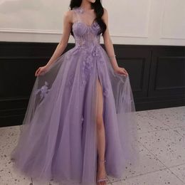 Sexy One Shoulder Tulle Prom Dresses High Split A Line Long Birthday Party Special Occasion Dress For Women Lace Appliques Sleeveless Lilac Lavender Evening Gowns